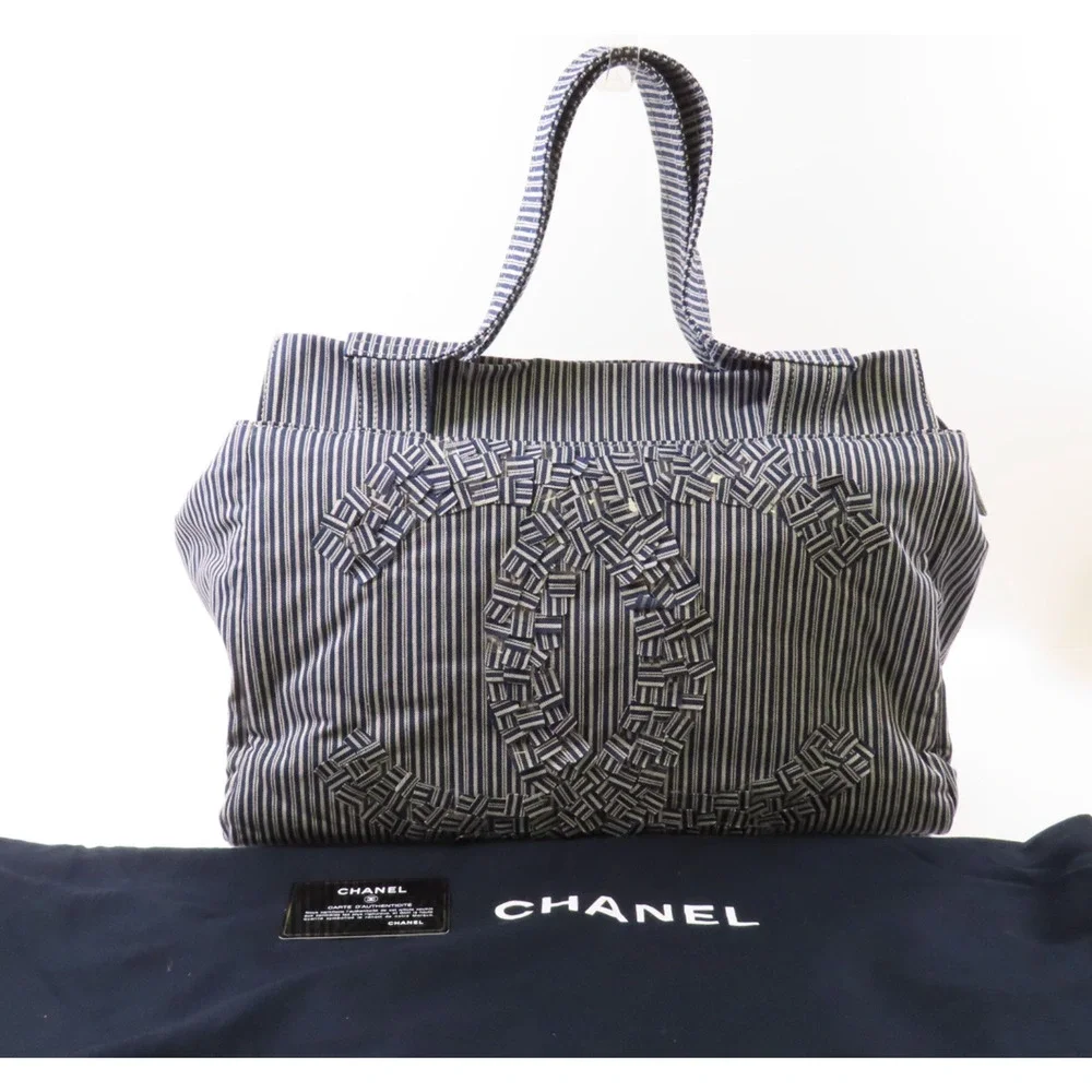 5396 - Chanel Canvas CC Striped Tote Bag Ginpaku Hand Stitched
